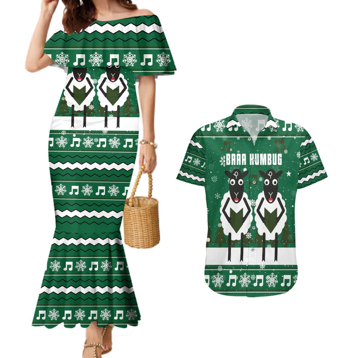 Sheep Baaa Humbug Christmas Couples Matching Mermaid Dress and Hawaiian Shirt Xmas Holiday Patterns - Wonder Print Shop