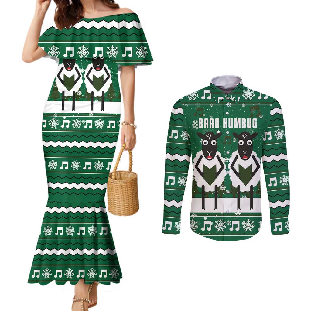 Sheep Baaa Humbug Christmas Couples Matching Mermaid Dress and Long Sleeve Button Shirt Xmas Holiday Patterns - Wonder Print Shop