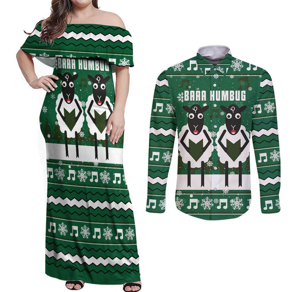 Sheep Baaa Humbug Christmas Couples Matching Off Shoulder Maxi Dress and Long Sleeve Button Shirt Xmas Holiday Patterns - Wonder Print Shop