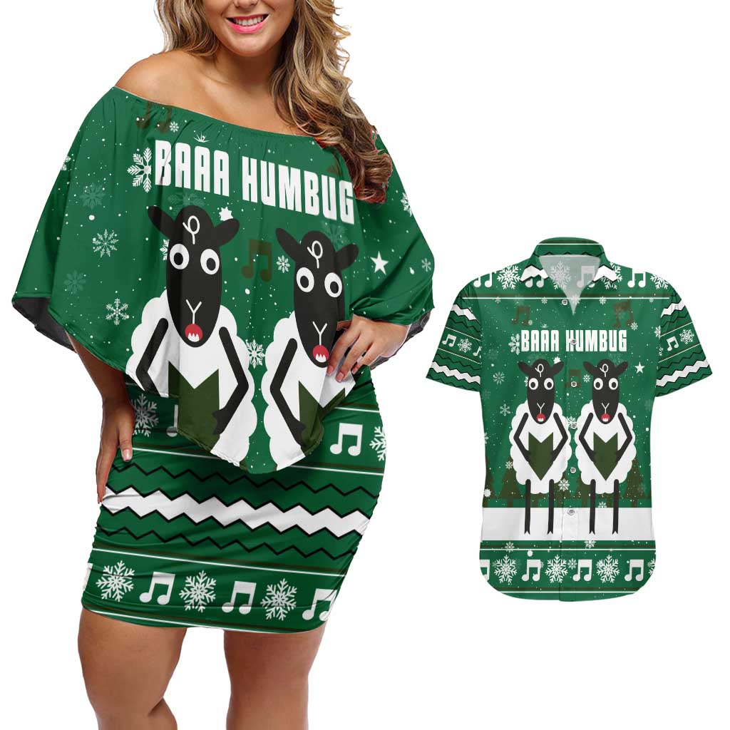 Sheep Baaa Humbug Christmas Couples Matching Off Shoulder Short Dress and Hawaiian Shirt Xmas Holiday Patterns - Wonder Print Shop