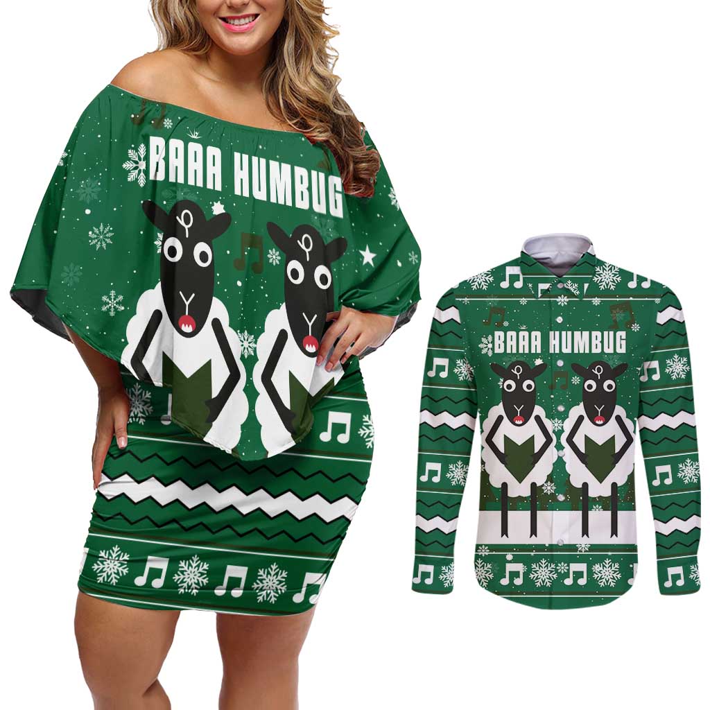 Sheep Baaa Humbug Christmas Couples Matching Off Shoulder Short Dress and Long Sleeve Button Shirt Xmas Holiday Patterns - Wonder Print Shop