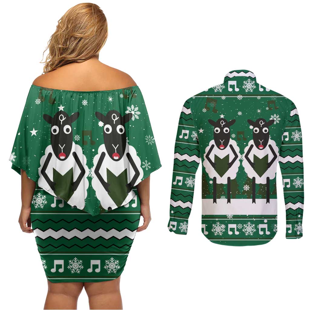 Sheep Baaa Humbug Christmas Couples Matching Off Shoulder Short Dress and Long Sleeve Button Shirt Xmas Holiday Patterns - Wonder Print Shop