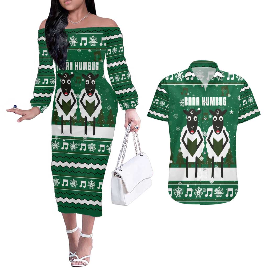 Sheep Baaa Humbug Christmas Couples Matching Off The Shoulder Long Sleeve Dress and Hawaiian Shirt Xmas Holiday Patterns - Wonder Print Shop