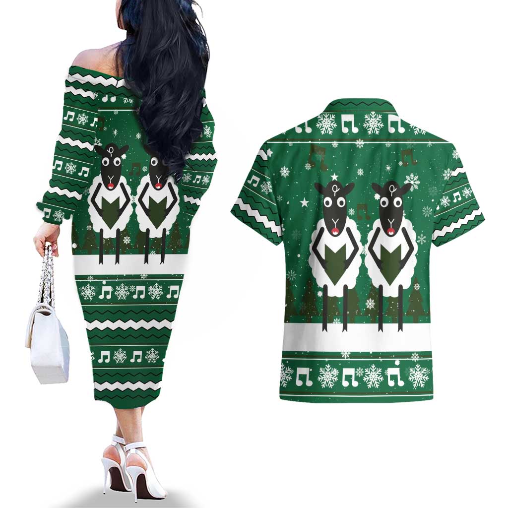 Sheep Baaa Humbug Christmas Couples Matching Off The Shoulder Long Sleeve Dress and Hawaiian Shirt Xmas Holiday Patterns - Wonder Print Shop