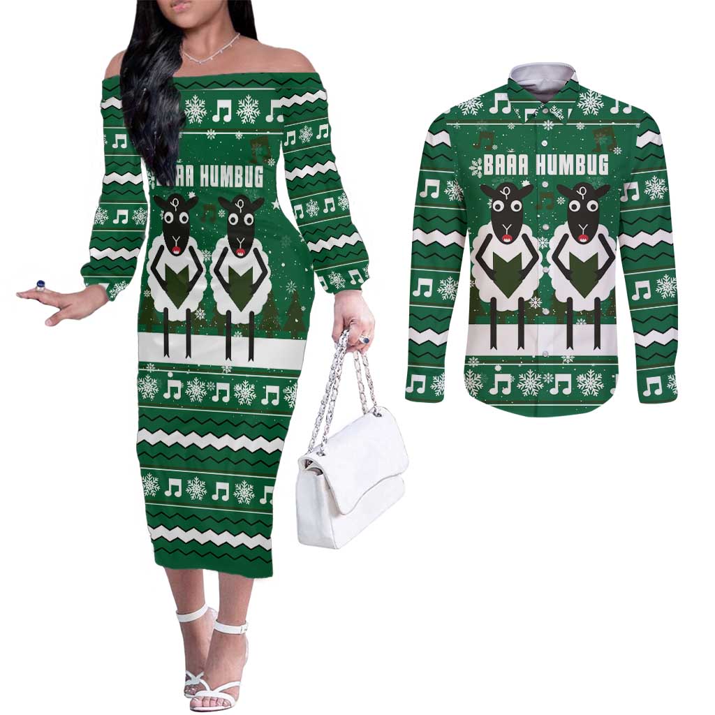 Sheep Baaa Humbug Christmas Couples Matching Off The Shoulder Long Sleeve Dress and Long Sleeve Button Shirt Xmas Holiday Patterns - Wonder Print Shop
