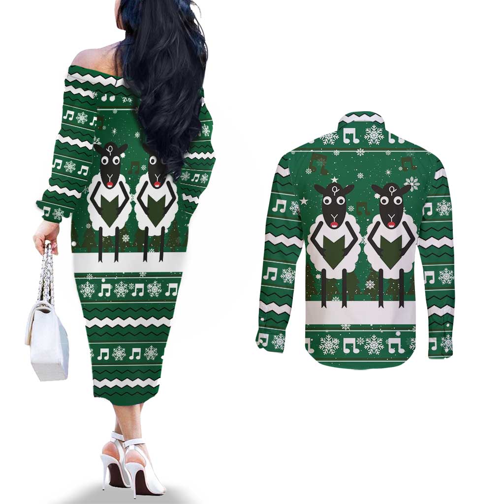 Sheep Baaa Humbug Christmas Couples Matching Off The Shoulder Long Sleeve Dress and Long Sleeve Button Shirt Xmas Holiday Patterns - Wonder Print Shop