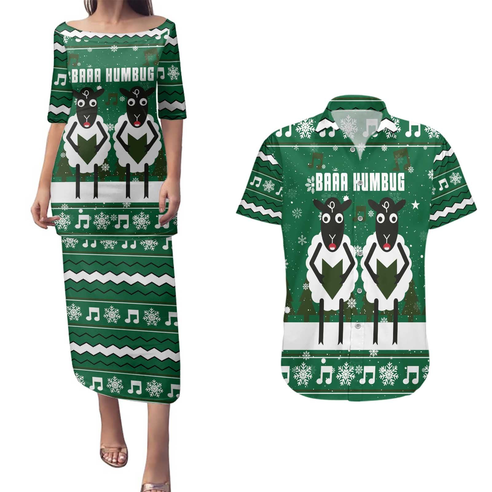 Sheep Baaa Humbug Christmas Couples Matching Puletasi and Hawaiian Shirt Xmas Holiday Patterns - Wonder Print Shop