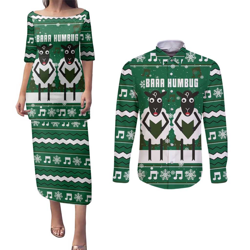 Sheep Baaa Humbug Christmas Couples Matching Puletasi and Long Sleeve Button Shirt Xmas Holiday Patterns - Wonder Print Shop