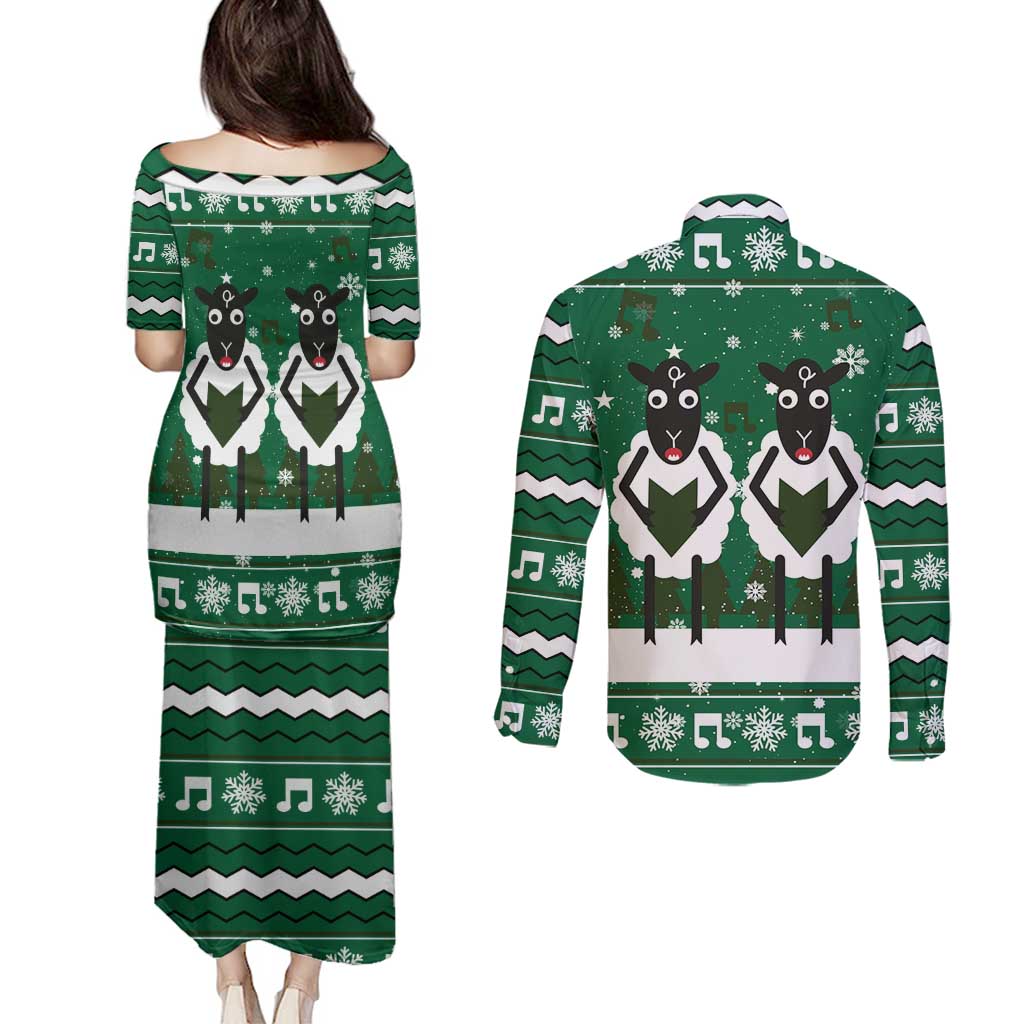 Sheep Baaa Humbug Christmas Couples Matching Puletasi and Long Sleeve Button Shirt Xmas Holiday Patterns - Wonder Print Shop