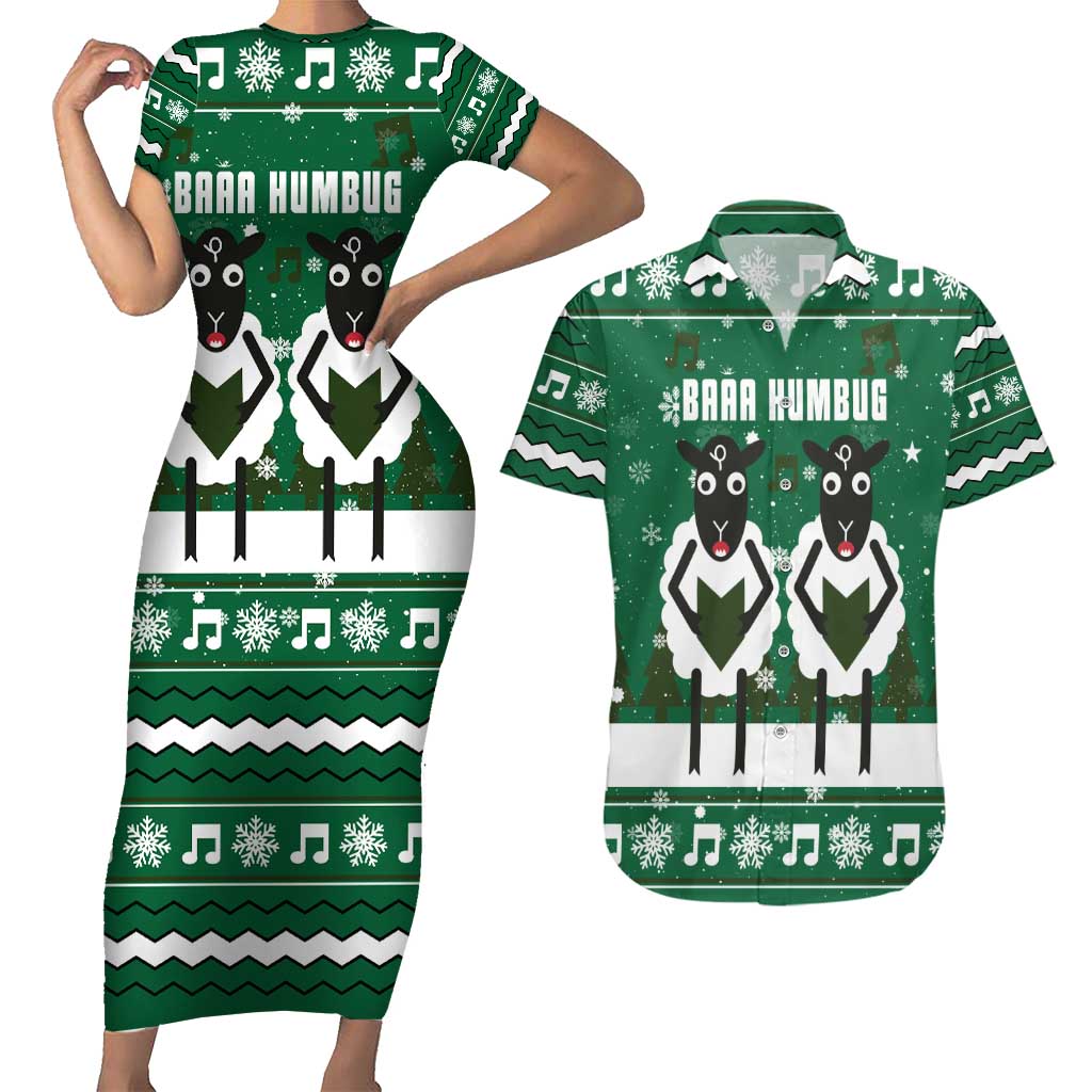 Sheep Baaa Humbug Christmas Couples Matching Short Sleeve Bodycon Dress and Hawaiian Shirt Xmas Holiday Patterns - Wonder Print Shop