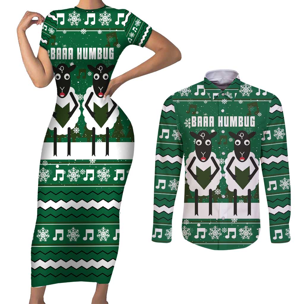 Sheep Baaa Humbug Christmas Couples Matching Short Sleeve Bodycon Dress and Long Sleeve Button Shirt Xmas Holiday Patterns - Wonder Print Shop