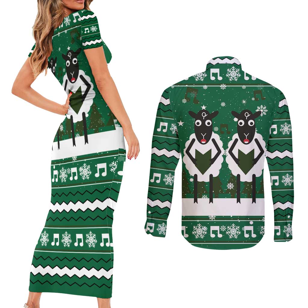 Sheep Baaa Humbug Christmas Couples Matching Short Sleeve Bodycon Dress and Long Sleeve Button Shirt Xmas Holiday Patterns - Wonder Print Shop
