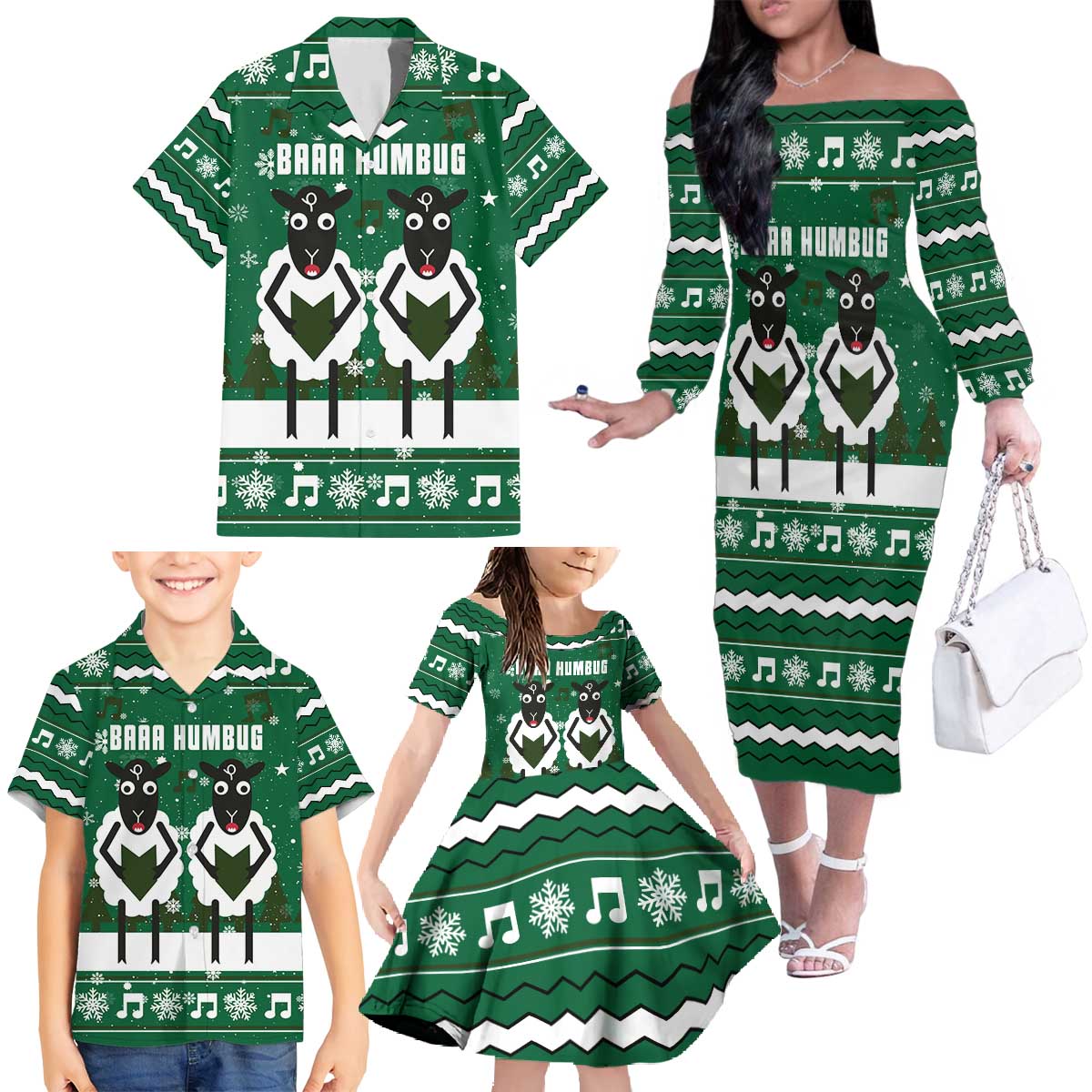 Sheep Baaa Humbug Christmas Family Matching Off The Shoulder Long Sleeve Dress and Hawaiian Shirt Xmas Holiday Patterns - Wonder Print Shop