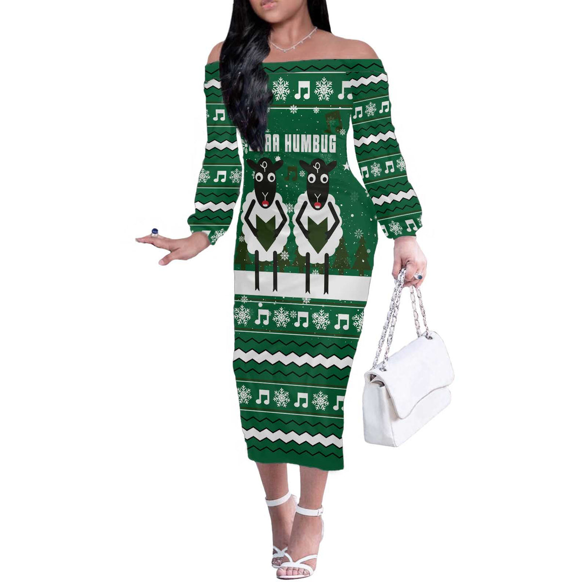 Sheep Baaa Humbug Christmas Off The Shoulder Long Sleeve Dress Xmas Holiday Patterns - Wonder Print Shop