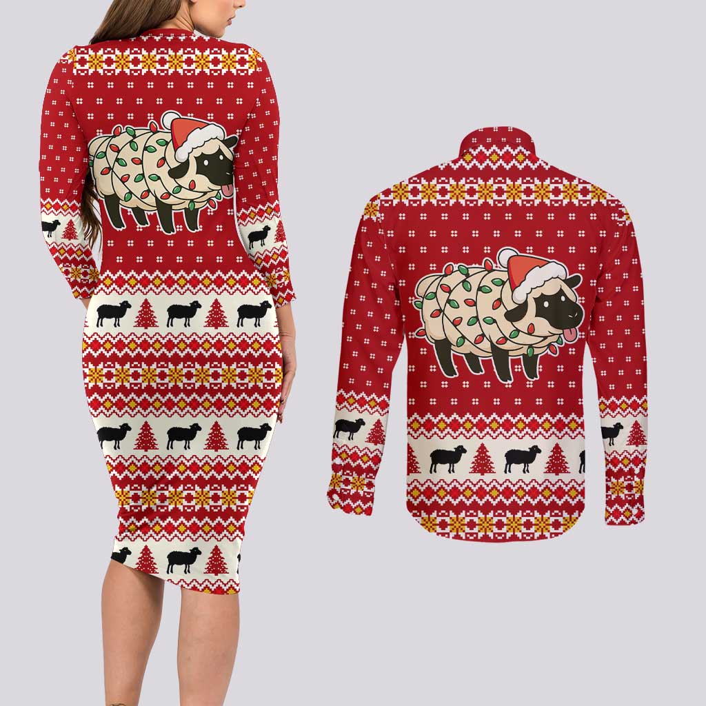 Sheep Merry Christmas Couples Matching Long Sleeve Bodycon Dress and Long Sleeve Button Shirt Xmas Holiday Patterns - Wonder Print Shop