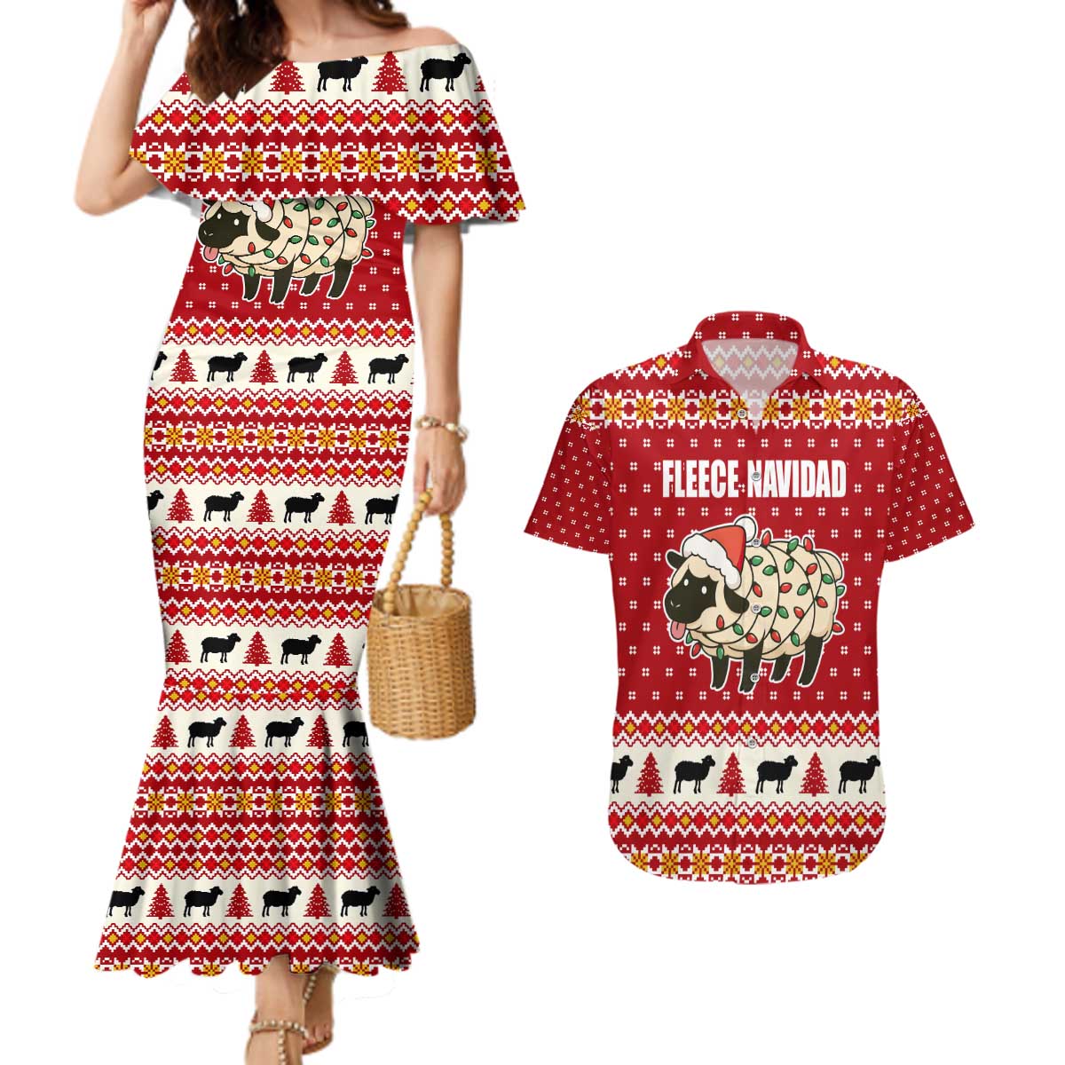 Sheep Merry Christmas Couples Matching Mermaid Dress and Hawaiian Shirt Xmas Holiday Patterns - Wonder Print Shop