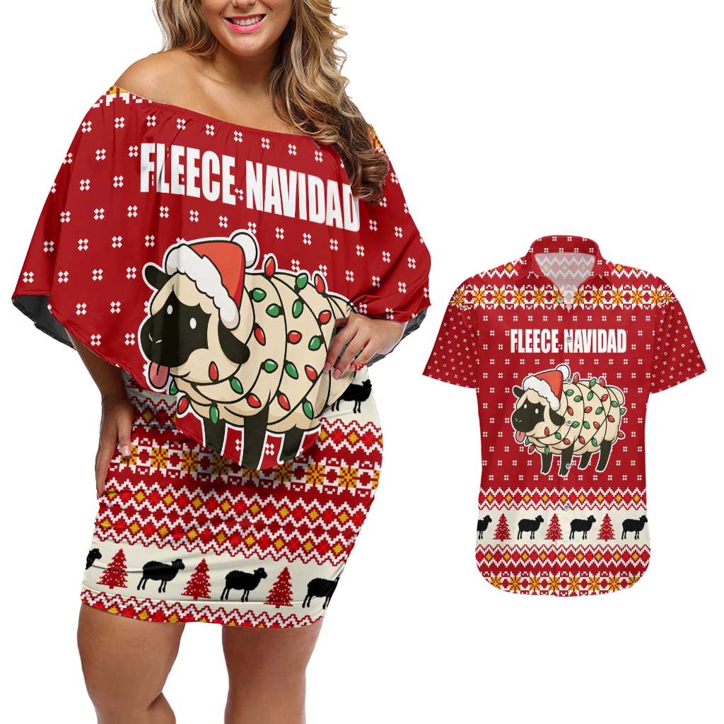 Sheep Merry Christmas Couples Matching Off Shoulder Short Dress and Hawaiian Shirt Xmas Holiday Patterns - Wonder Print Shop