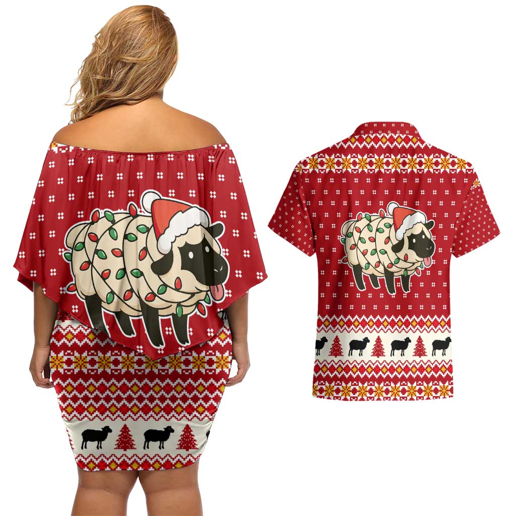 Sheep Merry Christmas Couples Matching Off Shoulder Short Dress and Hawaiian Shirt Xmas Holiday Patterns - Wonder Print Shop