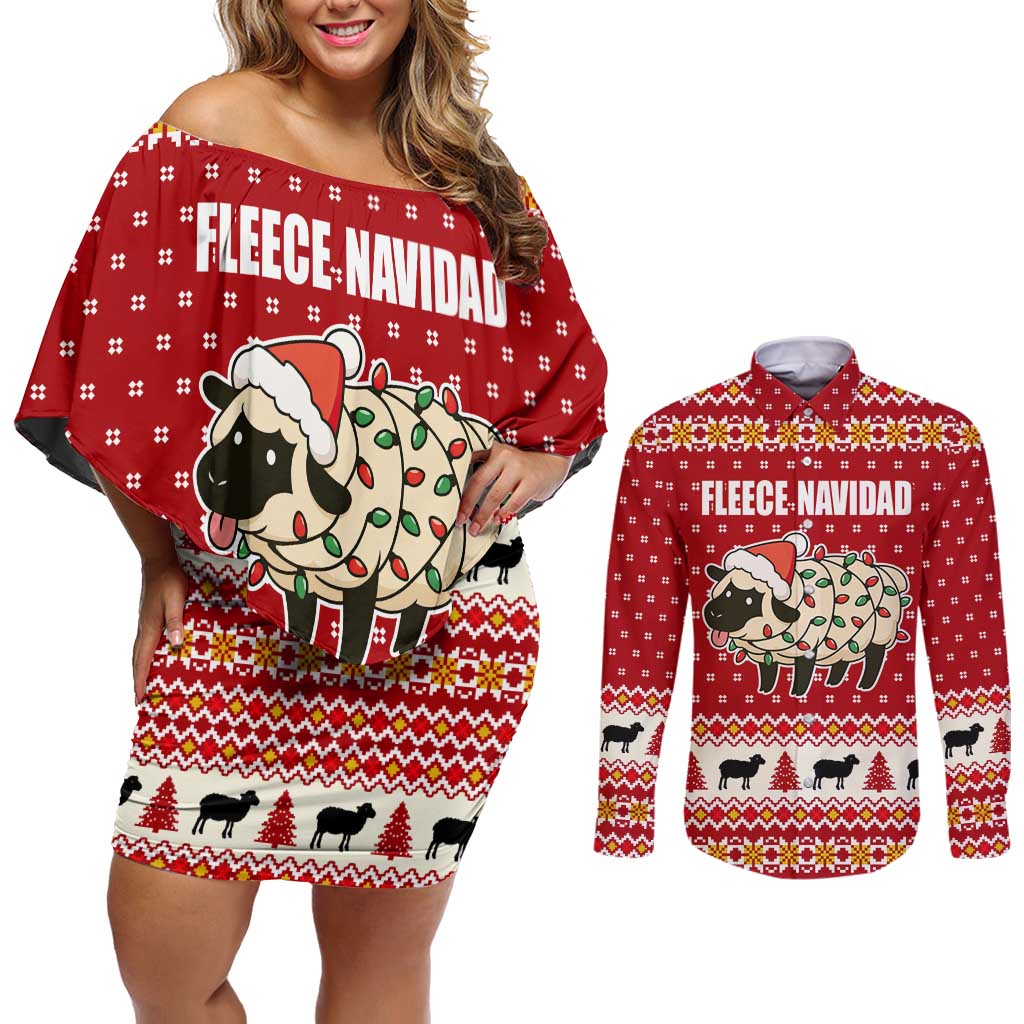 Sheep Merry Christmas Couples Matching Off Shoulder Short Dress and Long Sleeve Button Shirt Xmas Holiday Patterns - Wonder Print Shop
