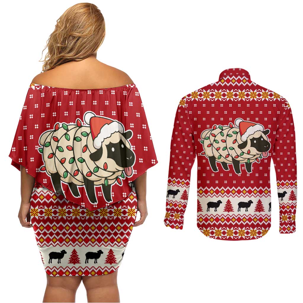 Sheep Merry Christmas Couples Matching Off Shoulder Short Dress and Long Sleeve Button Shirt Xmas Holiday Patterns - Wonder Print Shop