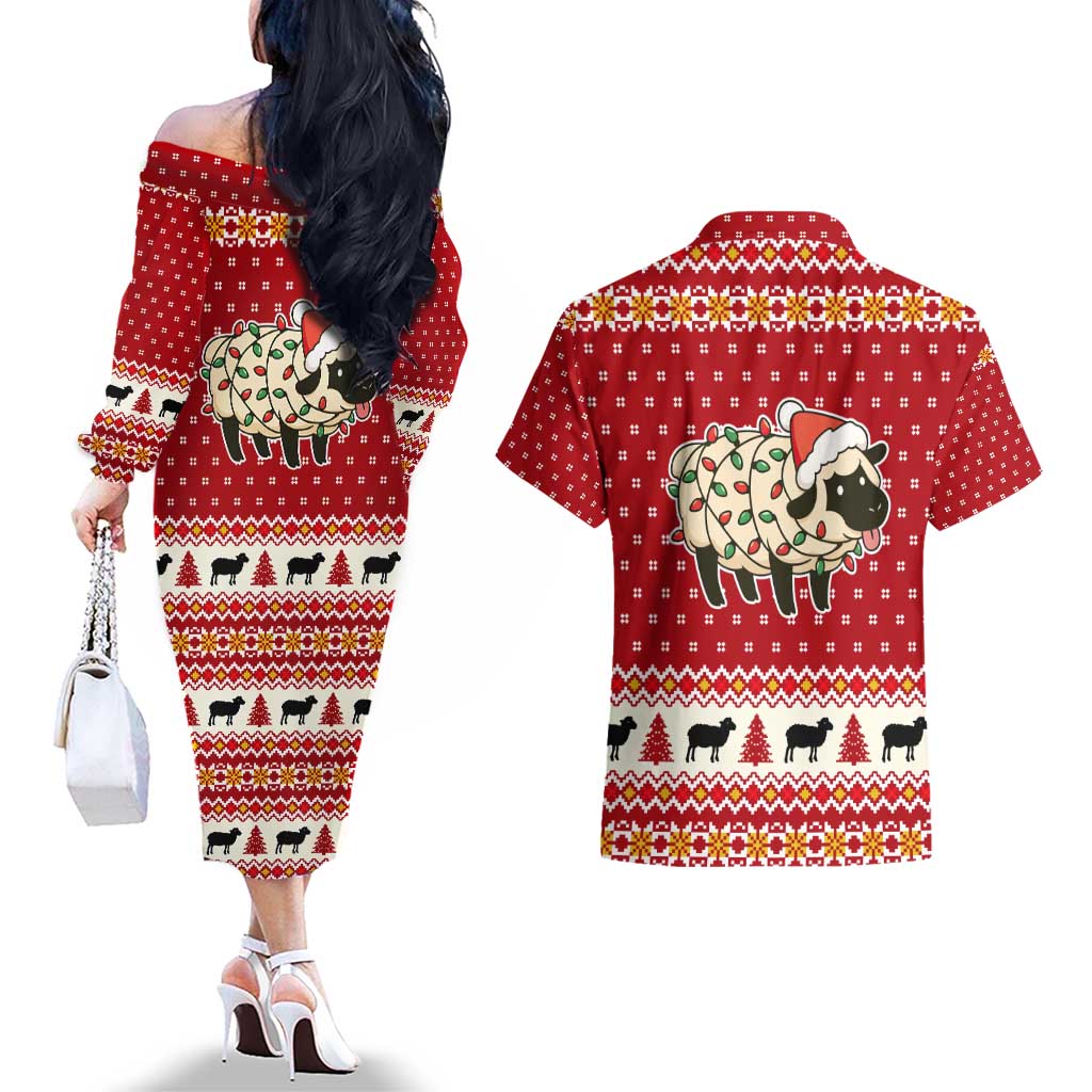 Sheep Merry Christmas Couples Matching Off The Shoulder Long Sleeve Dress and Hawaiian Shirt Xmas Holiday Patterns - Wonder Print Shop