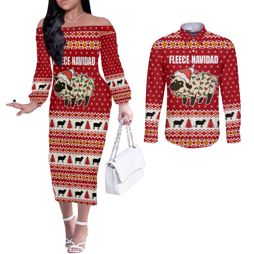 Sheep Merry Christmas Couples Matching Off The Shoulder Long Sleeve Dress and Long Sleeve Button Shirt Xmas Holiday Patterns - Wonder Print Shop