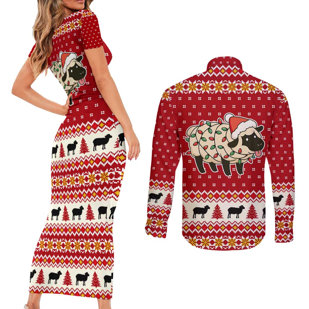Sheep Merry Christmas Couples Matching Short Sleeve Bodycon Dress and Long Sleeve Button Shirt Xmas Holiday Patterns - Wonder Print Shop