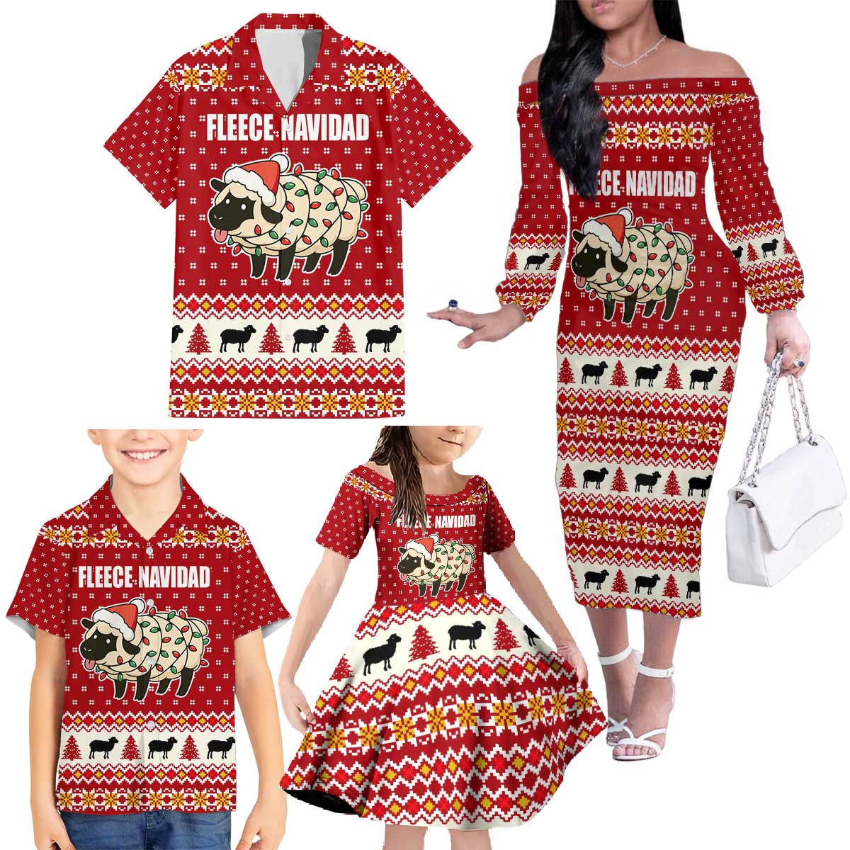 Sheep Merry Christmas Family Matching Off The Shoulder Long Sleeve Dress and Hawaiian Shirt Xmas Holiday Patterns - Wonder Print Shop