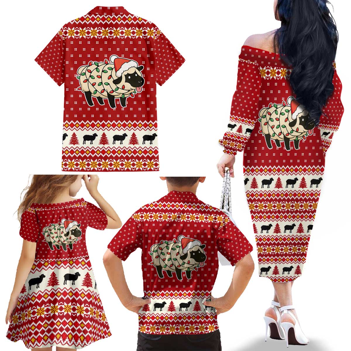 Sheep Merry Christmas Family Matching Off The Shoulder Long Sleeve Dress and Hawaiian Shirt Xmas Holiday Patterns - Wonder Print Shop