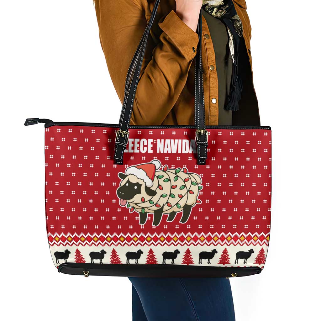 Sheep Merry Christmas Leather Tote Bag Xmas Holiday Patterns - Wonder Print Shop