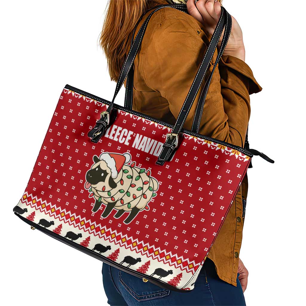 Sheep Merry Christmas Leather Tote Bag Xmas Holiday Patterns - Wonder Print Shop