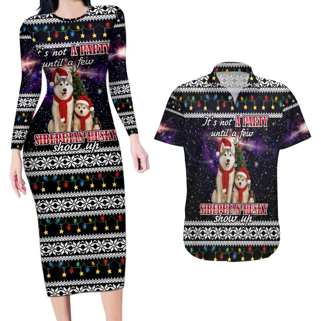 Siberian Husky Show Up Xmas Christmas Couples Matching Long Sleeve Bodycon Dress and Hawaiian Shirt Xmas Holiday Patterns - Wonder Print Shop