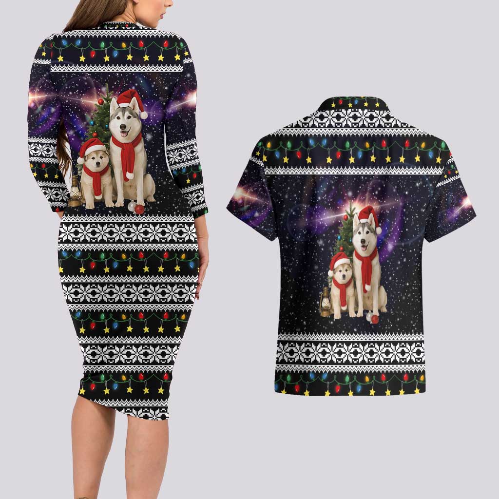 Siberian Husky Show Up Xmas Christmas Couples Matching Long Sleeve Bodycon Dress and Hawaiian Shirt Xmas Holiday Patterns - Wonder Print Shop
