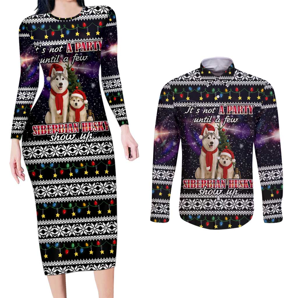 Siberian Husky Show Up Xmas Christmas Couples Matching Long Sleeve Bodycon Dress and Long Sleeve Button Shirt Xmas Holiday Patterns - Wonder Print Shop