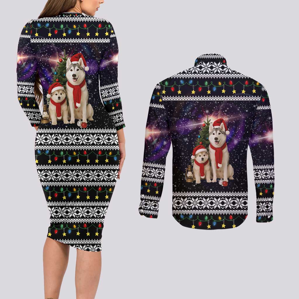 Siberian Husky Show Up Xmas Christmas Couples Matching Long Sleeve Bodycon Dress and Long Sleeve Button Shirt Xmas Holiday Patterns - Wonder Print Shop