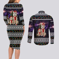 Siberian Husky Show Up Xmas Christmas Couples Matching Long Sleeve Bodycon Dress and Long Sleeve Button Shirt Xmas Holiday Patterns - Wonder Print Shop