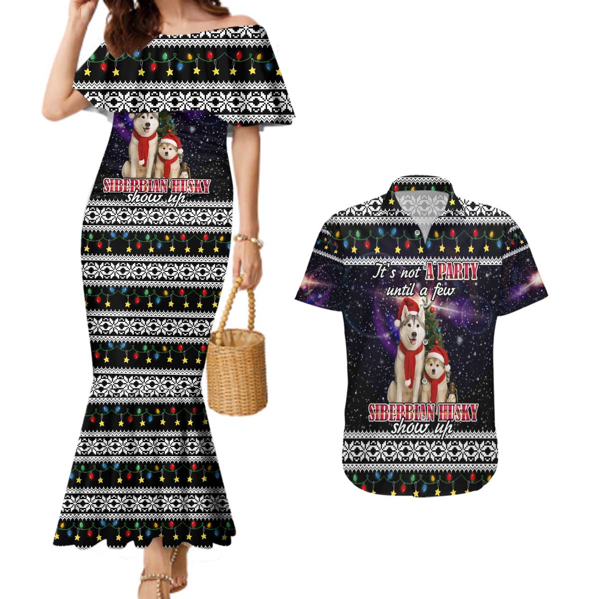 Siberian Husky Show Up Xmas Christmas Couples Matching Mermaid Dress and Hawaiian Shirt Xmas Holiday Patterns - Wonder Print Shop