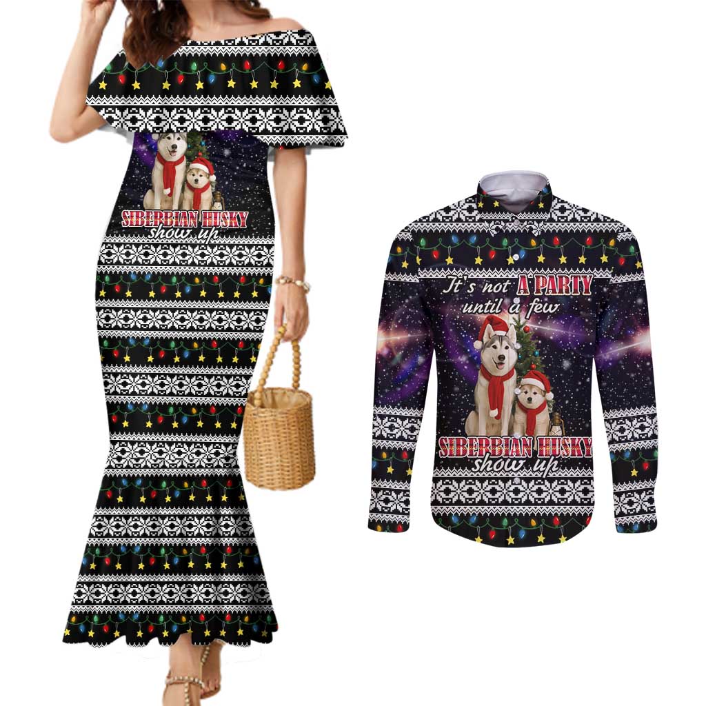 Siberian Husky Show Up Xmas Christmas Couples Matching Mermaid Dress and Long Sleeve Button Shirt Xmas Holiday Patterns - Wonder Print Shop