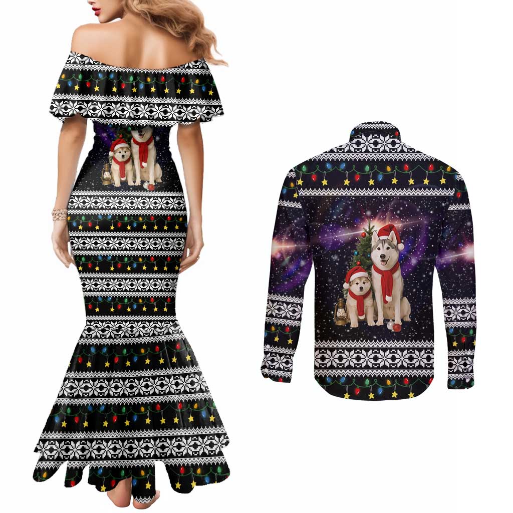Siberian Husky Show Up Xmas Christmas Couples Matching Mermaid Dress and Long Sleeve Button Shirt Xmas Holiday Patterns - Wonder Print Shop