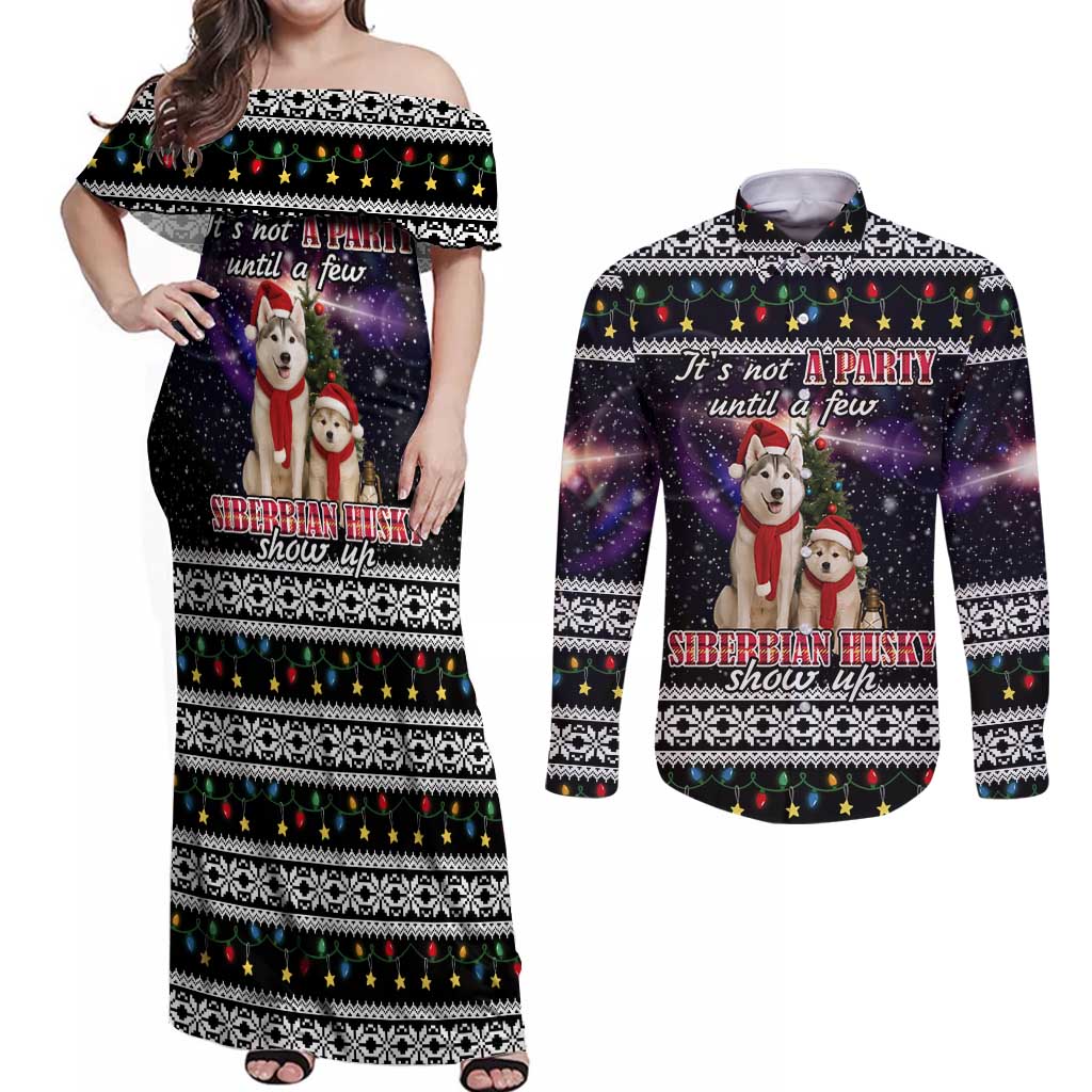 Siberian Husky Show Up Xmas Christmas Couples Matching Off Shoulder Maxi Dress and Long Sleeve Button Shirt Xmas Holiday Patterns - Wonder Print Shop