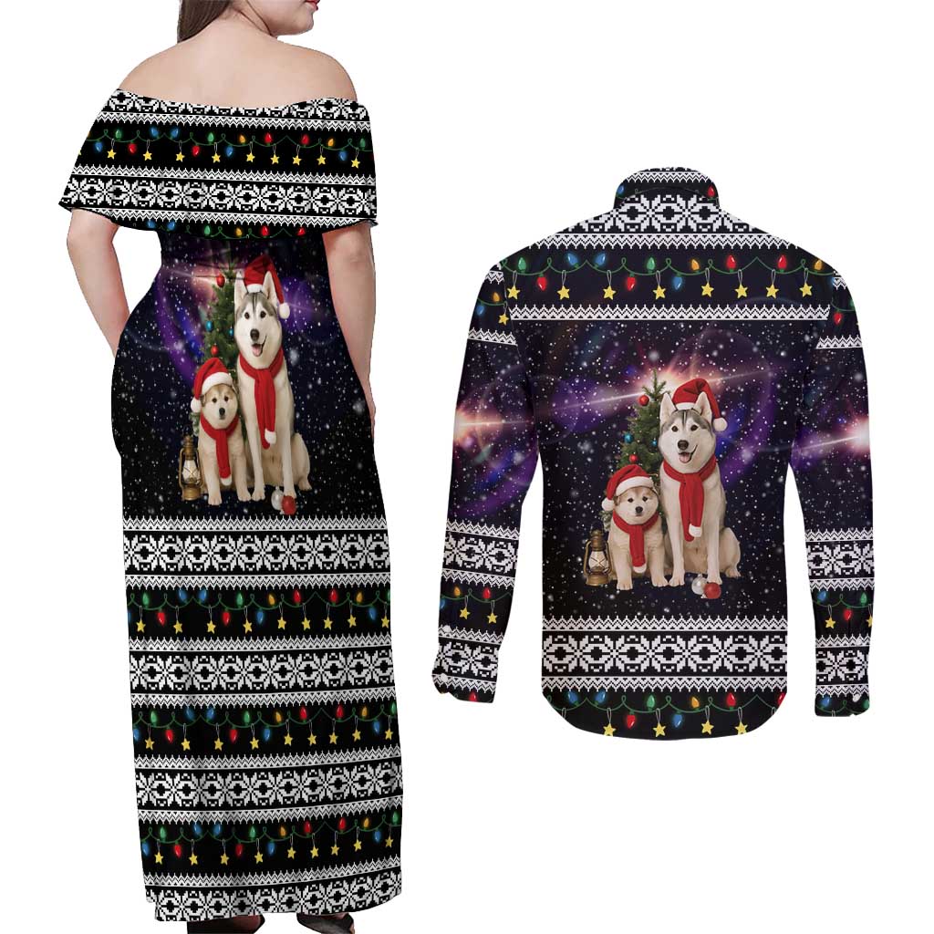 Siberian Husky Show Up Xmas Christmas Couples Matching Off Shoulder Maxi Dress and Long Sleeve Button Shirt Xmas Holiday Patterns - Wonder Print Shop