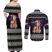 Siberian Husky Show Up Xmas Christmas Couples Matching Off Shoulder Maxi Dress and Long Sleeve Button Shirt Xmas Holiday Patterns - Wonder Print Shop