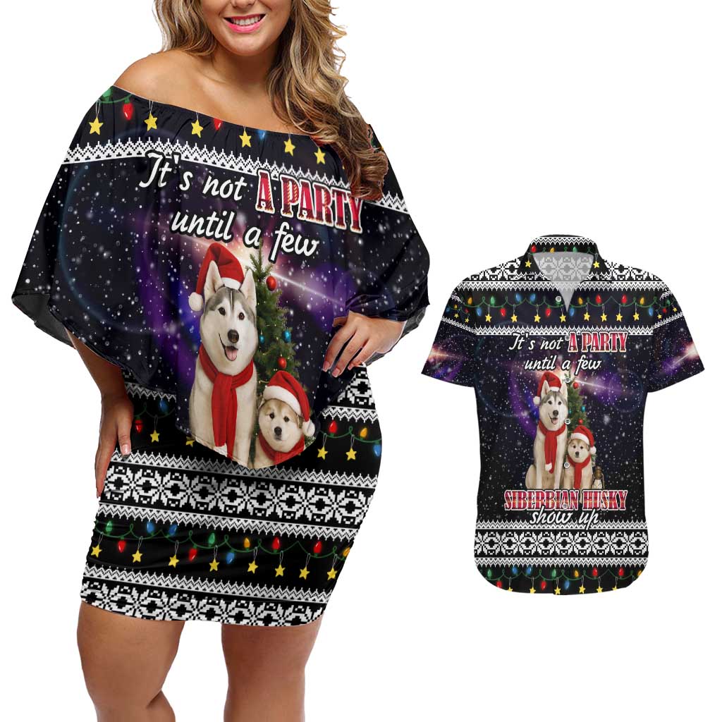 Siberian Husky Show Up Xmas Christmas Couples Matching Off Shoulder Short Dress and Hawaiian Shirt Xmas Holiday Patterns - Wonder Print Shop