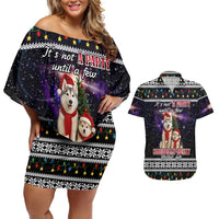 Siberian Husky Show Up Xmas Christmas Couples Matching Off Shoulder Short Dress and Hawaiian Shirt Xmas Holiday Patterns - Wonder Print Shop