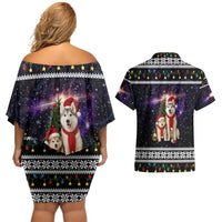 Siberian Husky Show Up Xmas Christmas Couples Matching Off Shoulder Short Dress and Hawaiian Shirt Xmas Holiday Patterns - Wonder Print Shop