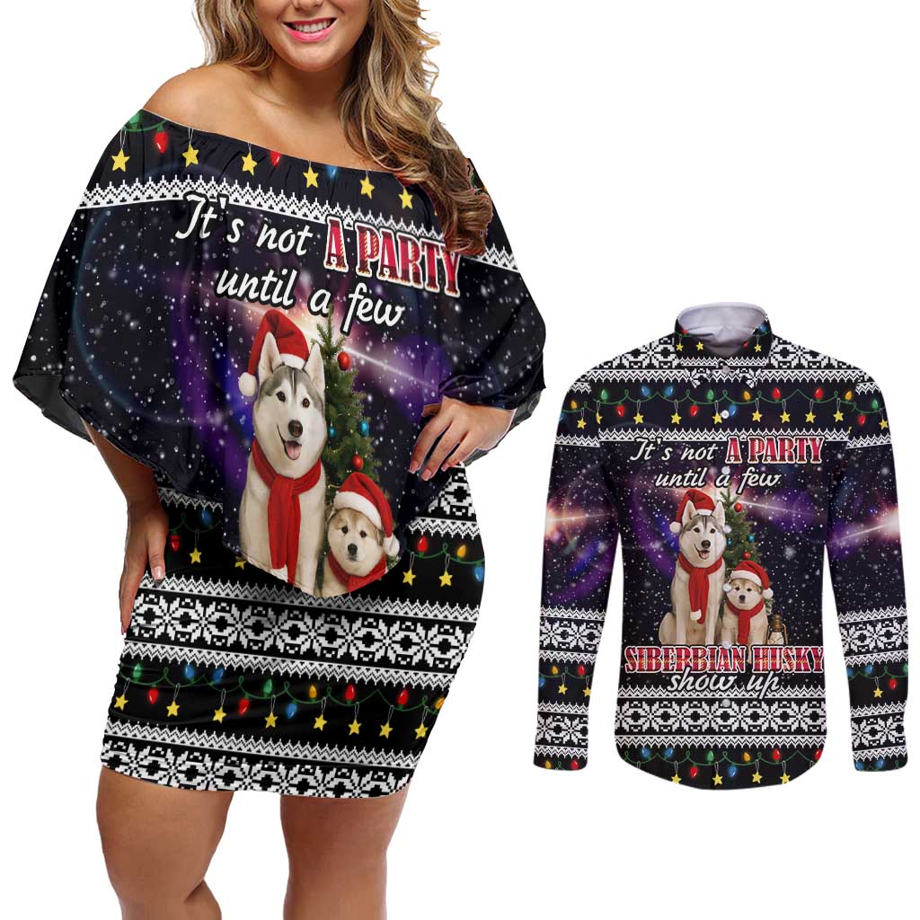 Siberian Husky Show Up Xmas Christmas Couples Matching Off Shoulder Short Dress and Long Sleeve Button Shirt Xmas Holiday Patterns - Wonder Print Shop