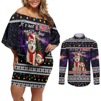 Siberian Husky Show Up Xmas Christmas Couples Matching Off Shoulder Short Dress and Long Sleeve Button Shirt Xmas Holiday Patterns - Wonder Print Shop
