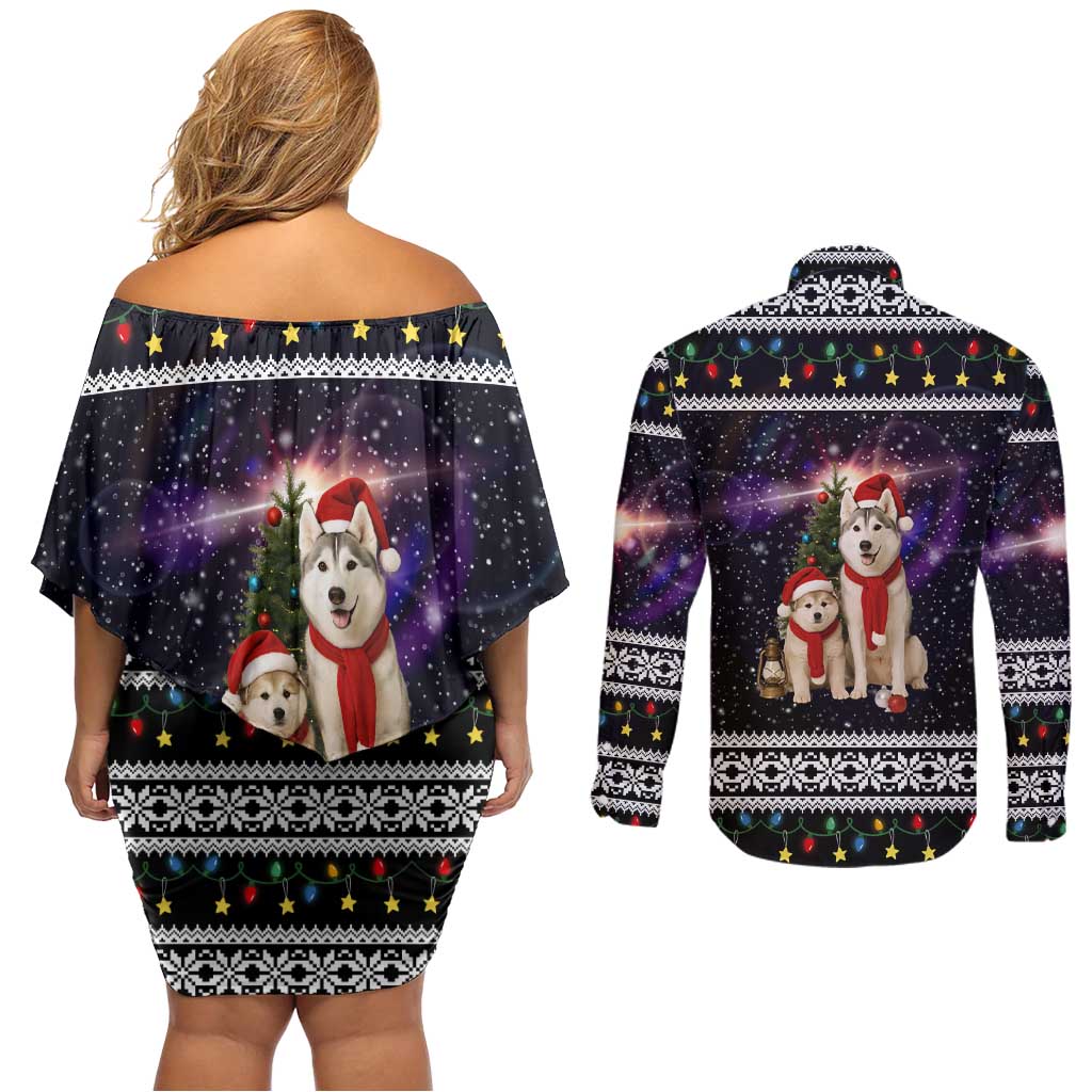 Siberian Husky Show Up Xmas Christmas Couples Matching Off Shoulder Short Dress and Long Sleeve Button Shirt Xmas Holiday Patterns - Wonder Print Shop