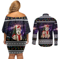 Siberian Husky Show Up Xmas Christmas Couples Matching Off Shoulder Short Dress and Long Sleeve Button Shirt Xmas Holiday Patterns - Wonder Print Shop