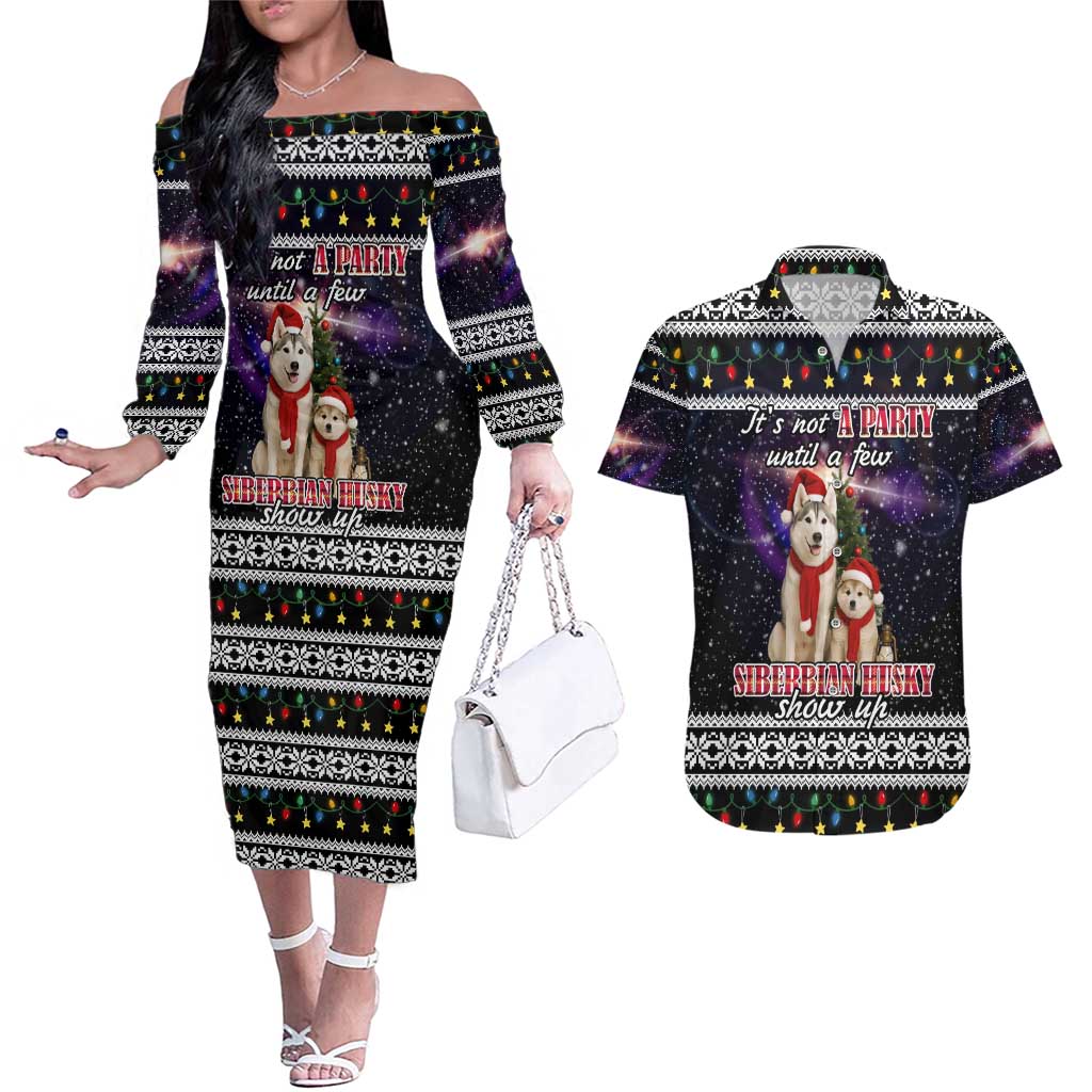 Siberian Husky Show Up Xmas Christmas Couples Matching Off The Shoulder Long Sleeve Dress and Hawaiian Shirt Xmas Holiday Patterns - Wonder Print Shop